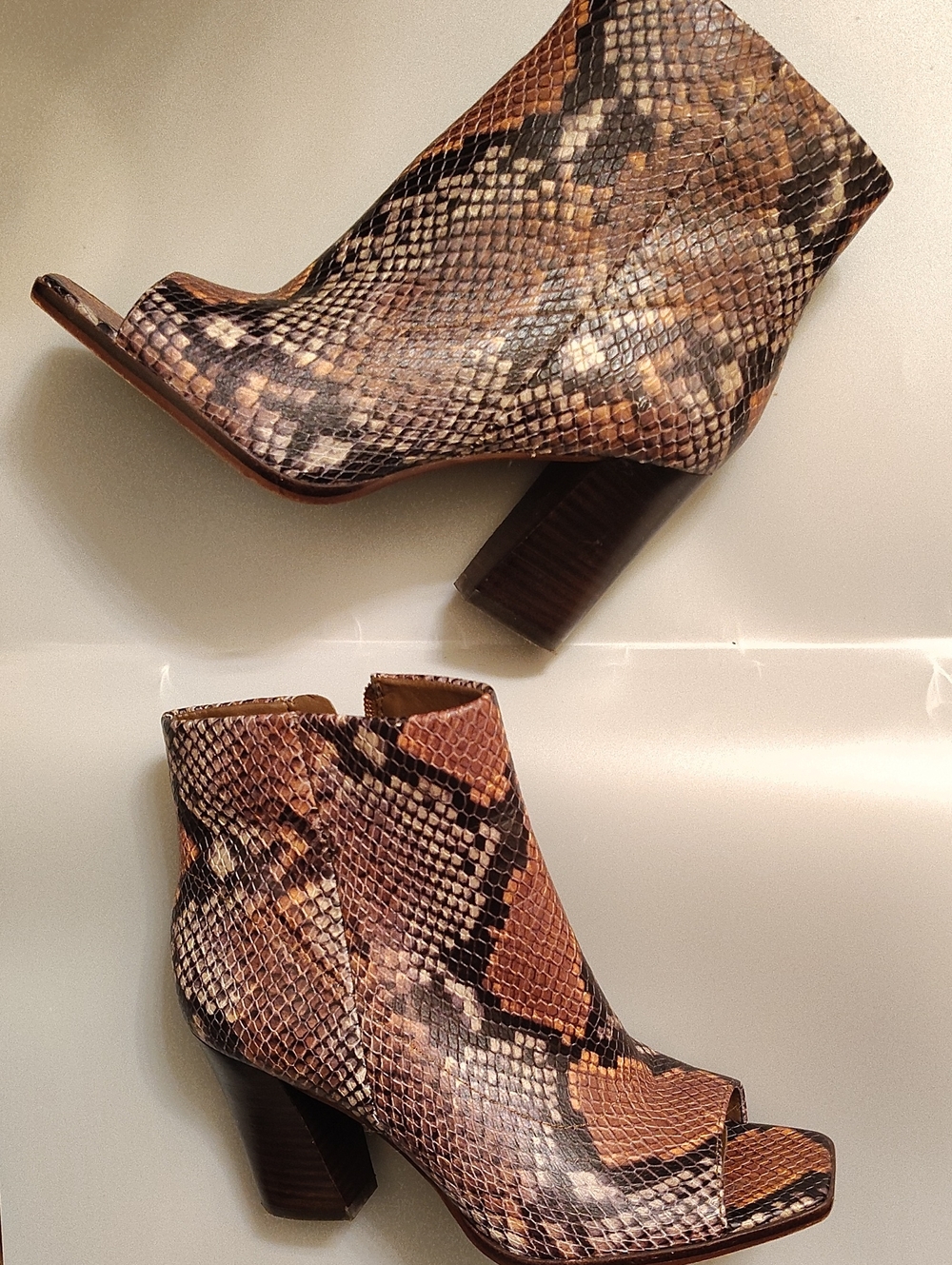 Vince Camuto Brown Snake-Print Peep-Toe Ankle Bootie